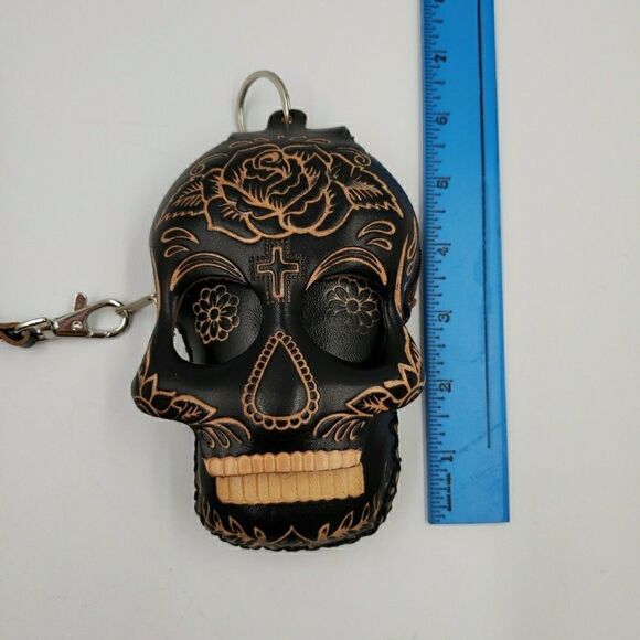 Sugar Skull Leather Wristlet Wallet Handmade Day of the Dead Coin Purse Keychain - Picture 12 of 15